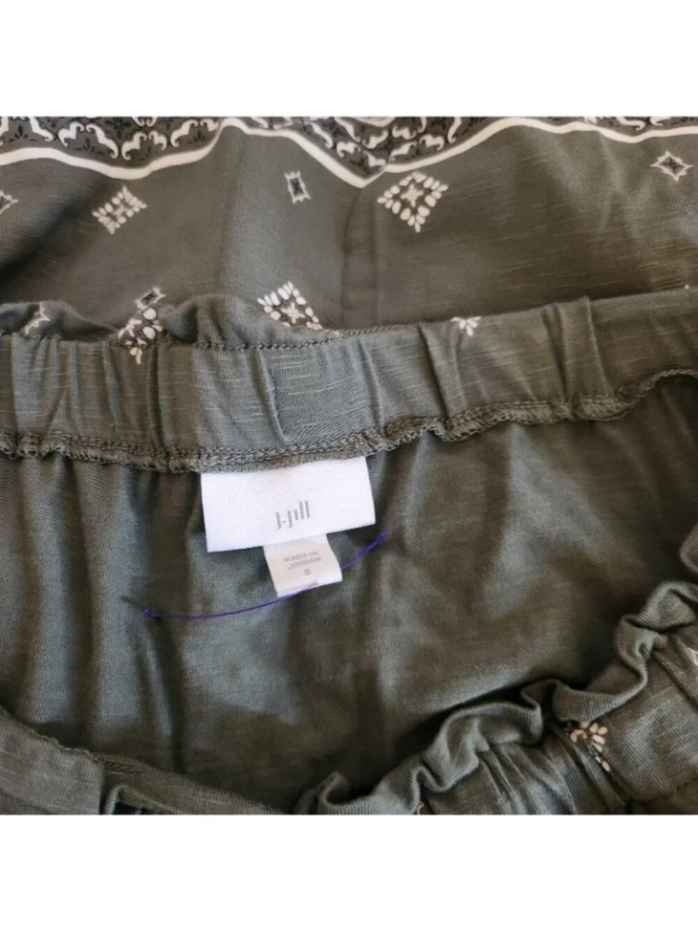 J Jill Olive Green Geometric Print Aline Drawstring Elastic Waist Skirt SMALL